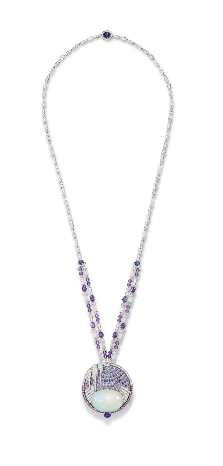 Chaumet Lumieres d’Eau high jewellery necklace in white gold, created for the Biennale des Antiquaires in Paris, set with a 59.58 ct cabochon-cut white opal from Ethiopia, round and oval-cut violet sapphires from Ceylon and Madagascar, oval-cut and brilli